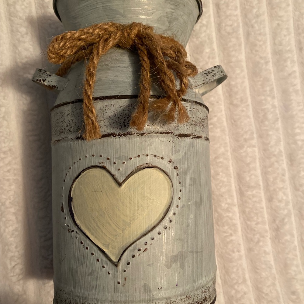 Rustic Heart Milk Can Vase - Gray and Cream